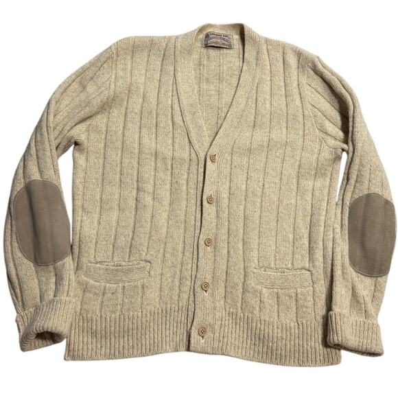 VTG London Fog Outdoors Unlimited Cardigan Sweater Grandpa Wool Mens Large Beige - Picture 1 of 8